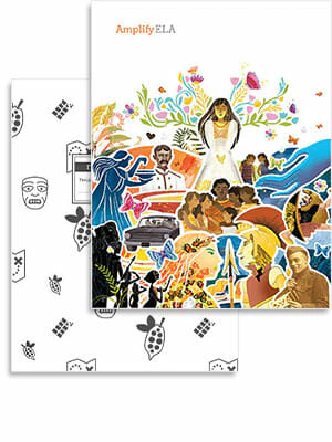 Colorful collage featuring diverse people, leaves, and symbols on the cover of an Amplify ELA workbook; a black-and-white pattern is visible on the back cover.