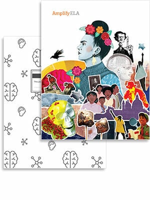 Collage-style book cover featuring diverse historical figures, scientific illustrations, and literary images with the title "Amplify ELA" at the top.