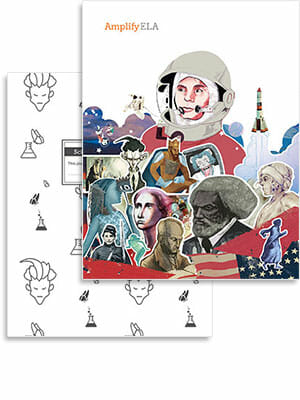 A collage of historical and literary figures, including an astronaut, overlays a notebook cover labeled "Amplify ELA" with a monochrome pattern of faces and science icons in the background.