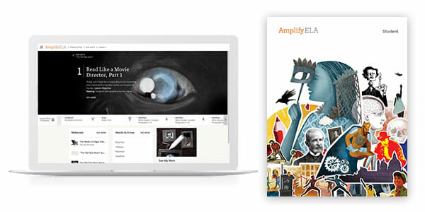 Una computadora portátil que muestra una página web con texto y una imagen de la portada de una publicación con varias ilustraciones artísticas. Un libro de texto estudiantil impreso titulado "Amplify ELA" está al lado de la computadora portátil.