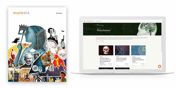 Una colorida portada de libro con la etiqueta "Amplify ELA" está al lado de una computadora portátil abierta que muestra una página web titulada "Brain Science" que muestra diferentes artículos científicos.