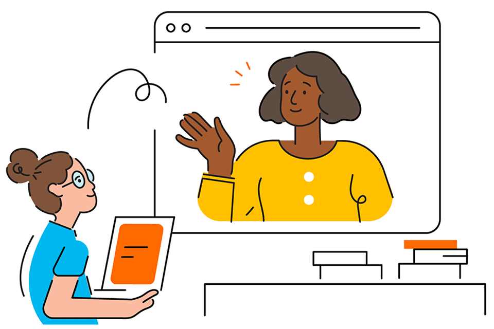 Illustration of a young woman with a laptop participating in a video call with an older woman who is waving from the computer screen.