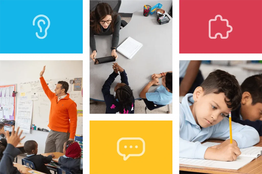 Collage of educational scenes including a teacher in a classroom, students engaging in activities, and icons representing digital learning tools.