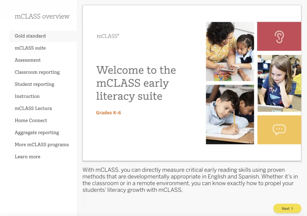 A webpage titled "mCLASS overview" featuring text about the mCLASS early literacy suite for grades K-6. The page includes photos of children engaged in reading activities and navigation options on the left.
