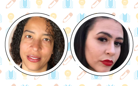 Two individuals, one with curly hair and the other with long dark hair, are shown in circular frames against a background featuring book and lightbulb icons, reflecting a shared passion for the science of reading and fostering grassroots community change.