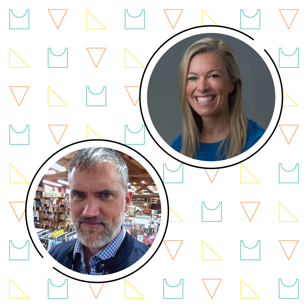 Two portraits in circular frames: a smiling woman with blonde hair and a man mathematizing beards in a store. The background graphic features shirt icons in blue and orange triangles.