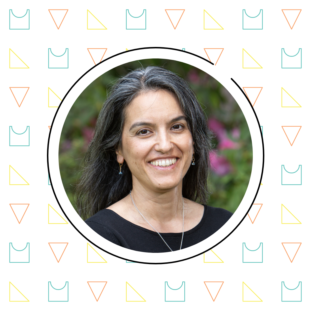 A smiling woman with long gray hair, framed in a circular border with an abstract geometric pattern of triangles and rectangles, against a blurred background depicting learning experiences.