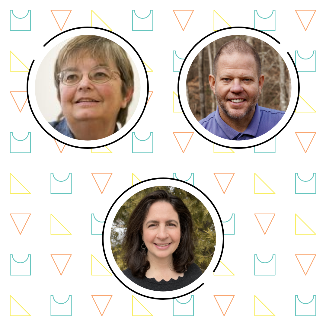 Three portrait photos arranged in a triangle, each framed in a circle, against a background patterned with yellow triangles and blue shirts. Two women and one man, all smiling, exhibit math fluency.