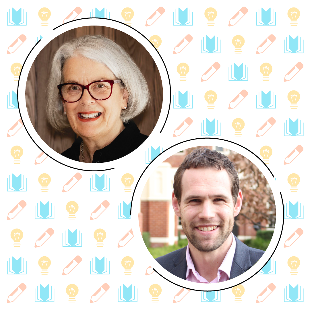 Portrait of an elderly woman with glasses and a younger man, both smiling, on a graphic background with education-themed icons emphasizing knowledge comprehension.