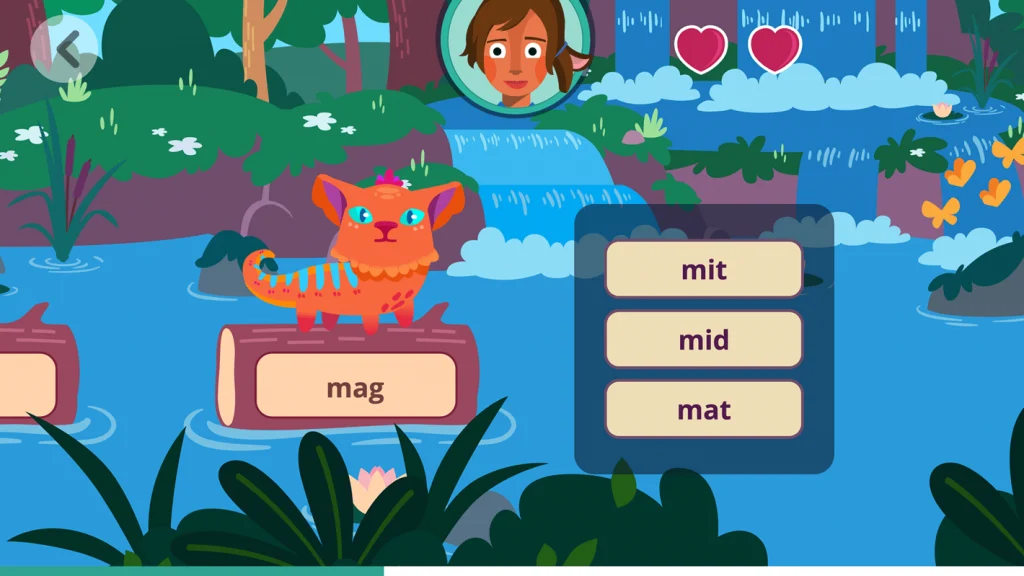 An animated scene depicting an orange cat standing on a tree log, surrounded by waterfalls, vegetation, and a word-matching game interface.