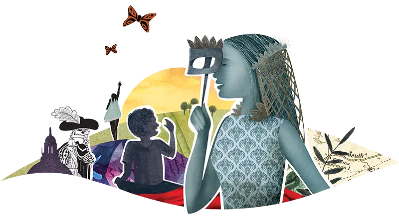 Illustrated scene with people in various poses, including a person holding a mask and a child looking up at butterflies. Background includes abstract shapes and an outdoor setting.