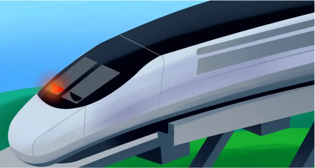 An illustration of a modern, streamlined high-speed train traveling on an elevated track with a green landscape in the background.