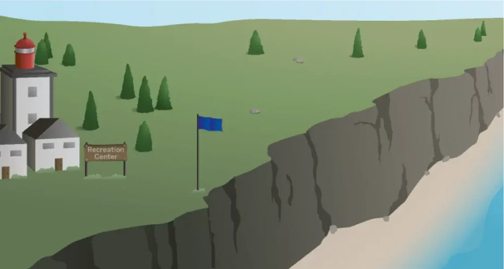Ilustración de una costa con acantilados, un edificio de centro recreativo con un techo rojo y un letrero, árboles de hoja perenne, una bandera azul y una playa de arena debajo.