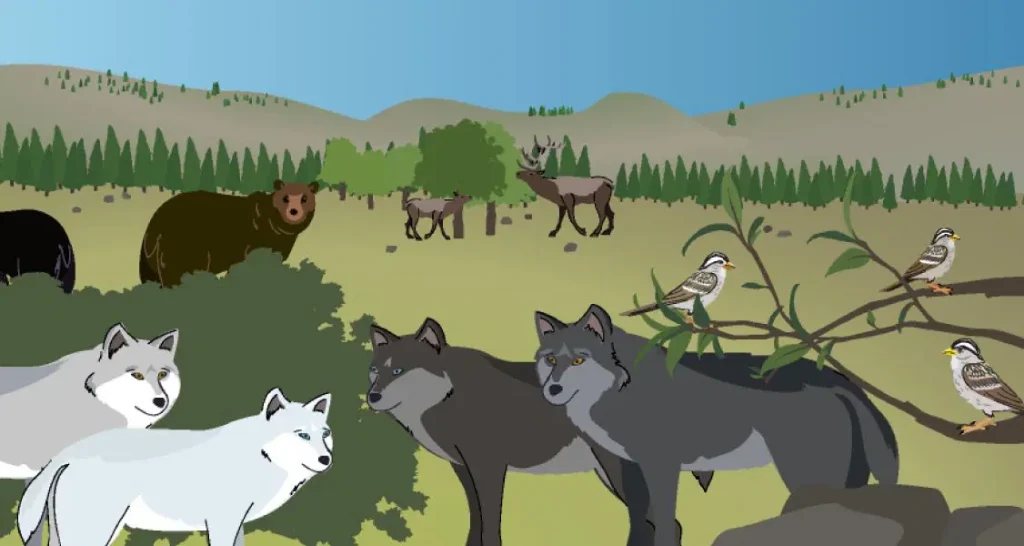 Illustration of a forest scene with a bear, a moose, birds on a branch, and a pack of wolves in the foreground. Hills and trees are in the background under a clear sky.