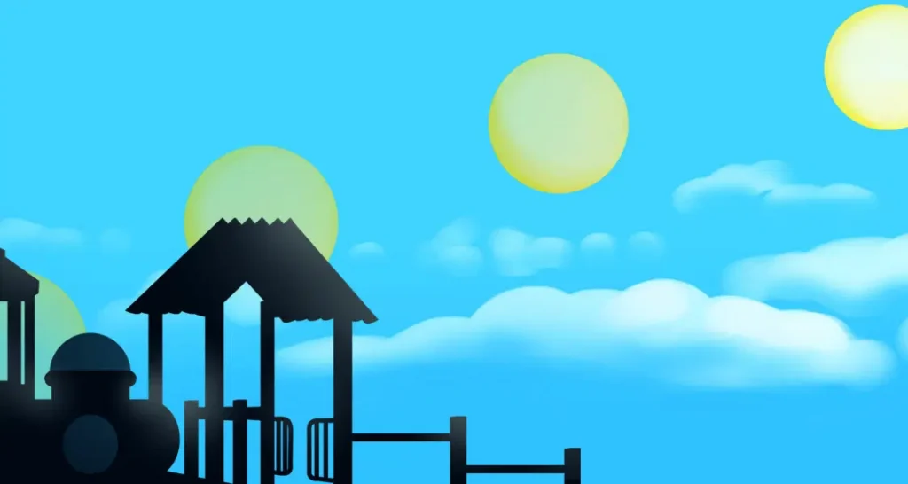 Silueta de una estructura de parque infantil contra un cielo azul con nubes y tres soles amarillos.
