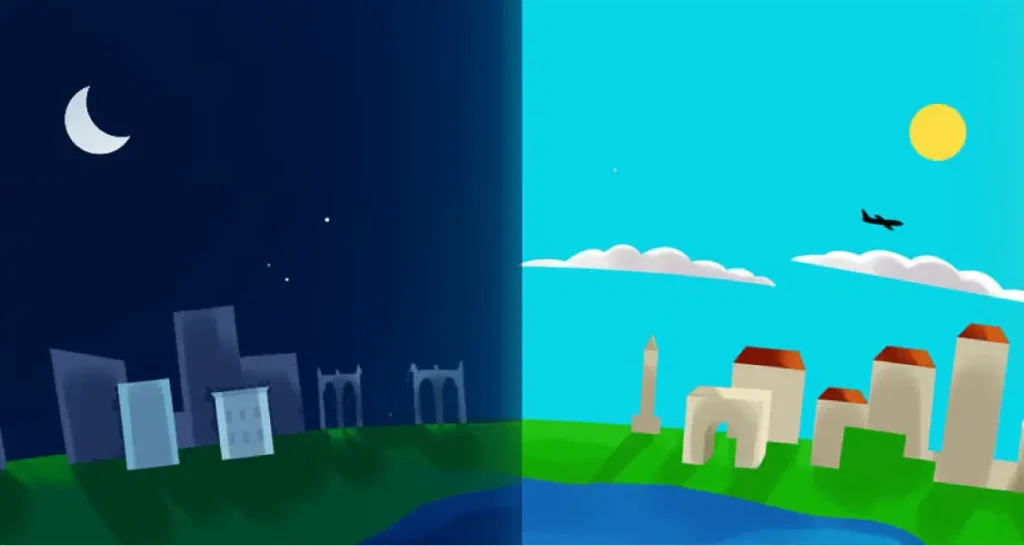 Ilustración que muestra un paisaje urbano dividido en noche a la izquierda con una luna y estrellas, y día a la derecha con un sol, nubes y un avión.