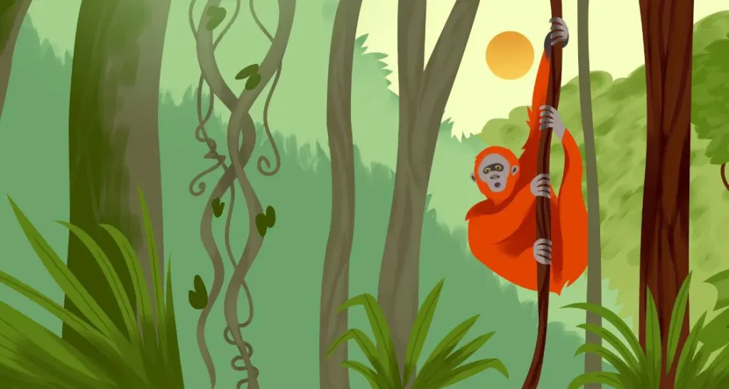 An orangutan with orange fur hangs from a vine in a dense, green jungle with trees and plants, while the sun shines in the background.