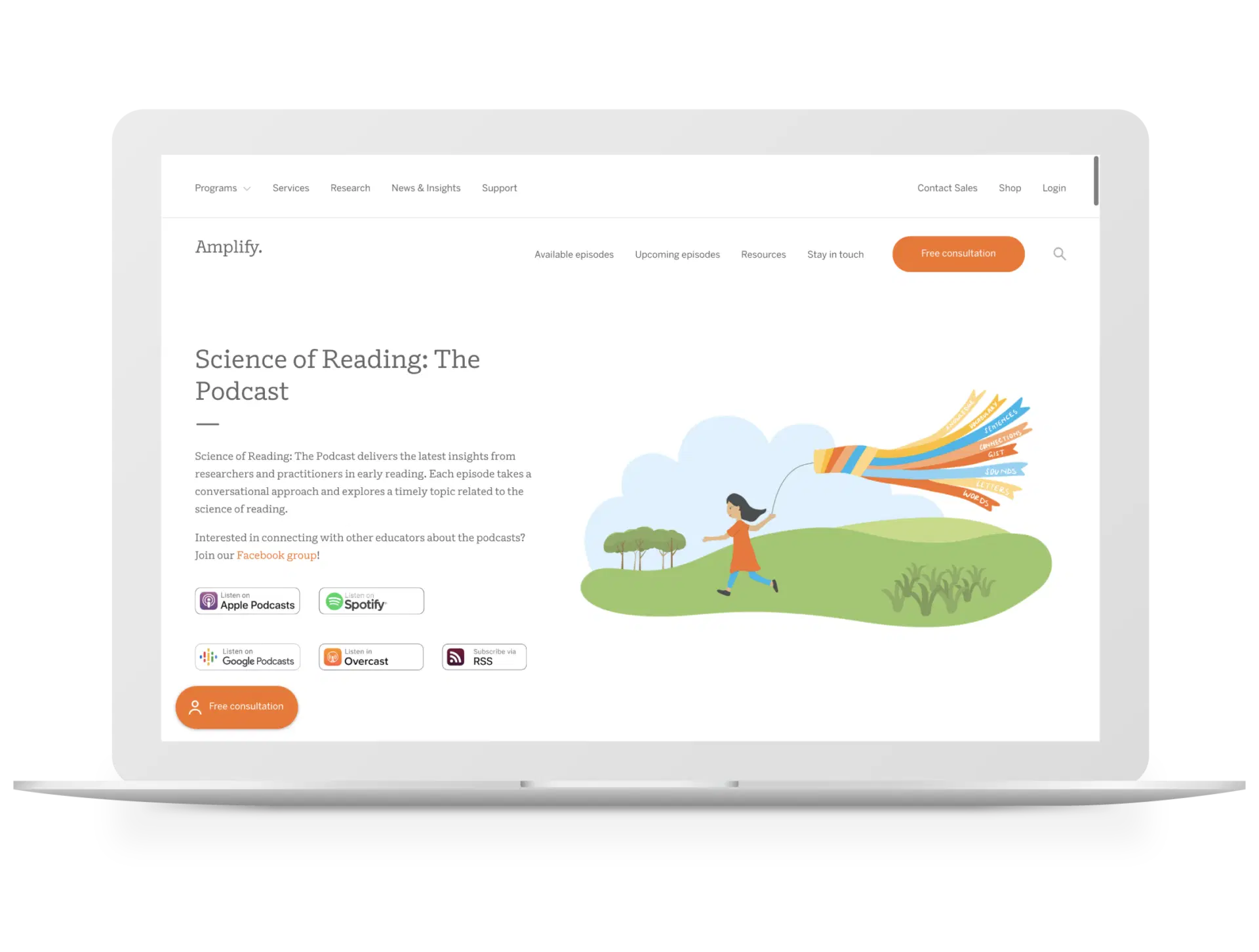 A laptop screen displaying a webpage for Science of Reading: The Podcast, offering listening options and an illustration of a person running with colorful ribbons. Options include Apple Podcasts and Spotify.