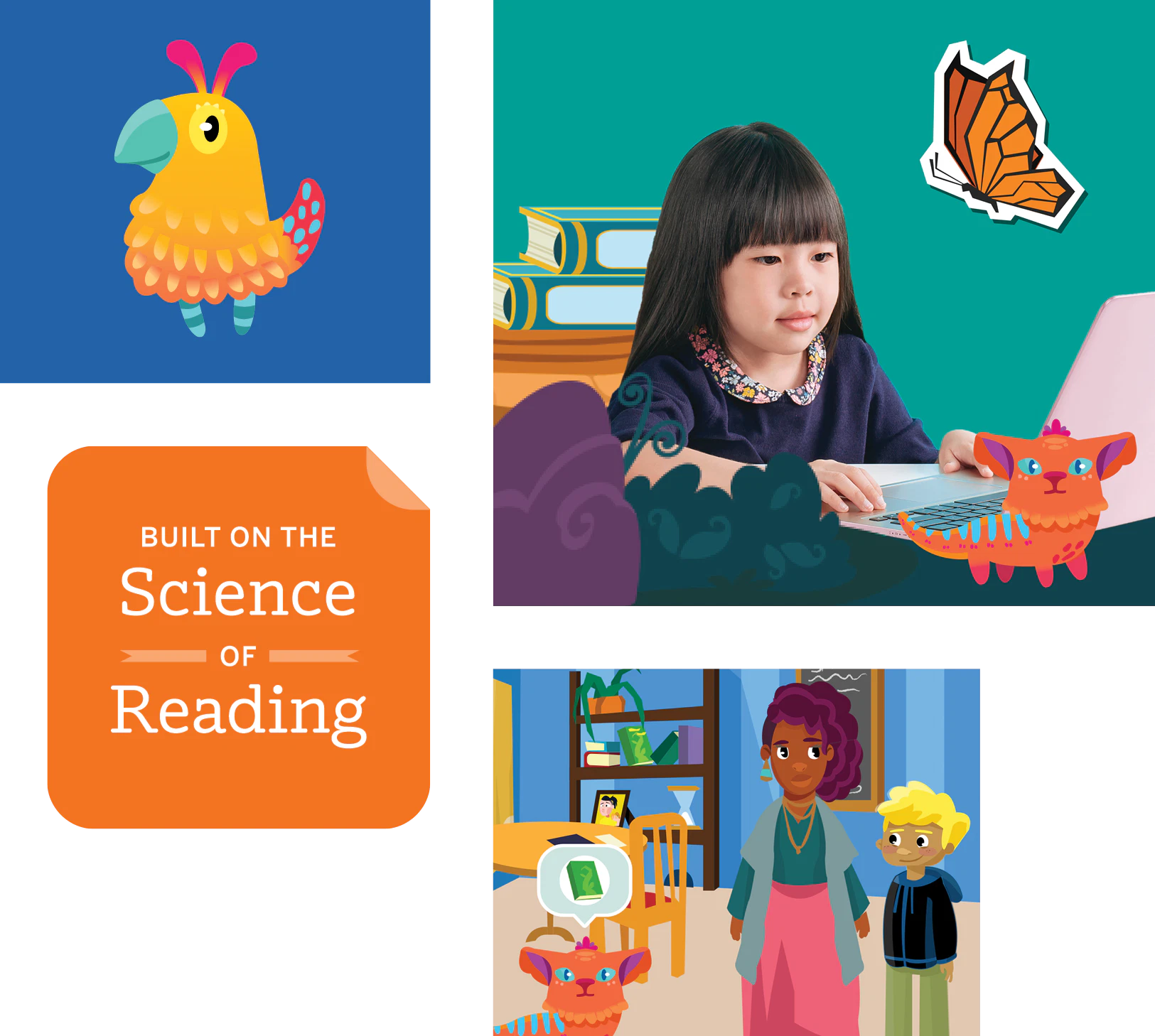 Collage featuring a cartoon chicken, a little girl reading at her desk, a logo reading "Science of Reading", and two children with toys in a playroom.