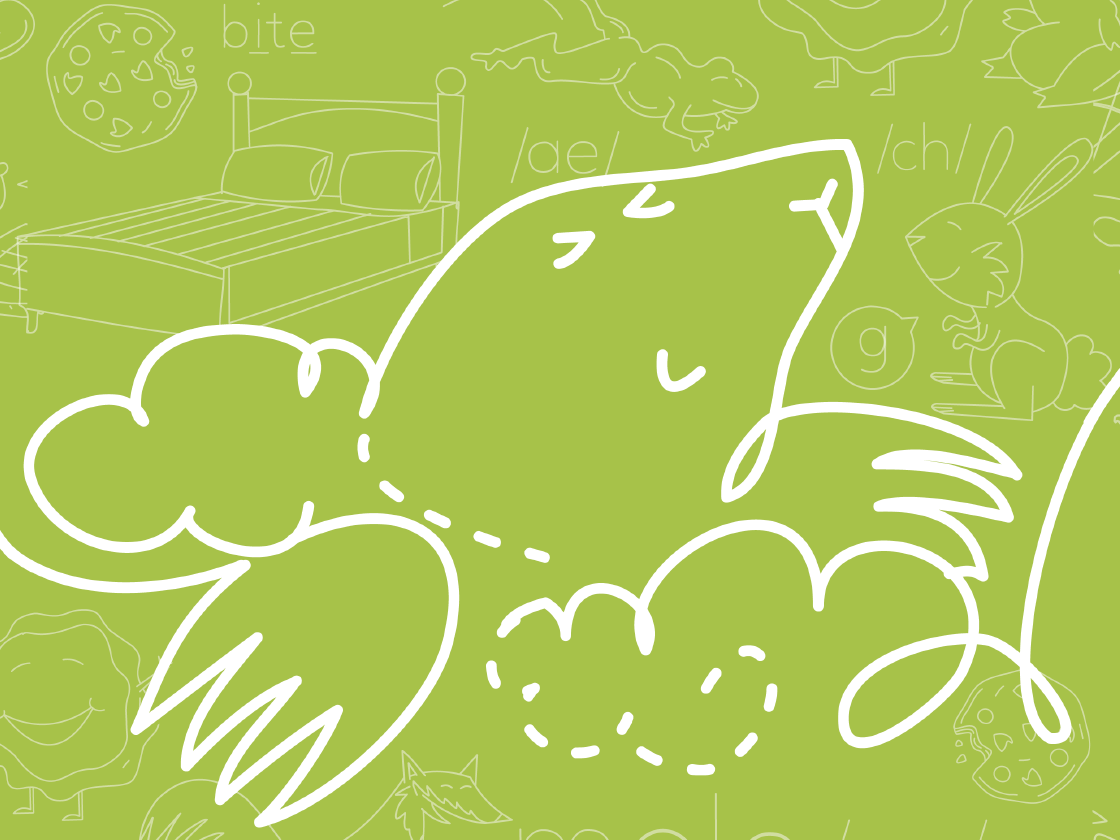 Ilustración de un animal verde sobre un fondo verde con varios objetos delineados como una cama, un conejo, una nube y sonidos fonéticos.