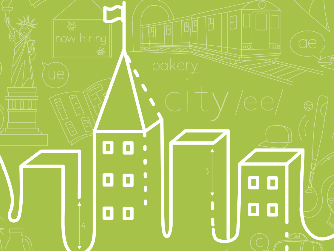 Ilustración de un paisaje urbano con varios símbolos que incluyen un tren subterráneo, una panadería, la Estatua de la Libertad y carteles que dicen "ahora contratando" y "ciudad/ee" sobre un fondo verde.