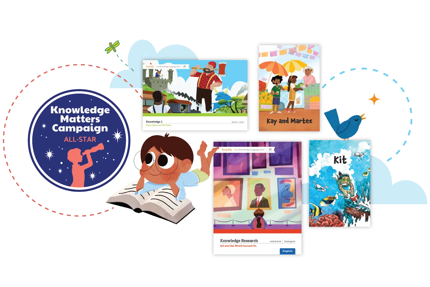 Ilustración que muestra una "campaña de alfabetización temprana" con niños participando en actividades educativas y de lectura en diferentes carteles.