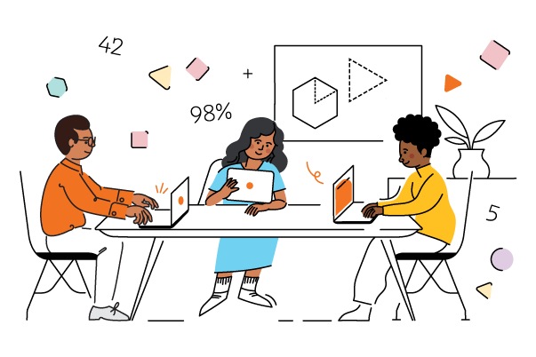 Three people sit at a table using laptops, with geometric shapes, numbers, and graphs displayed on a whiteboard in the background.