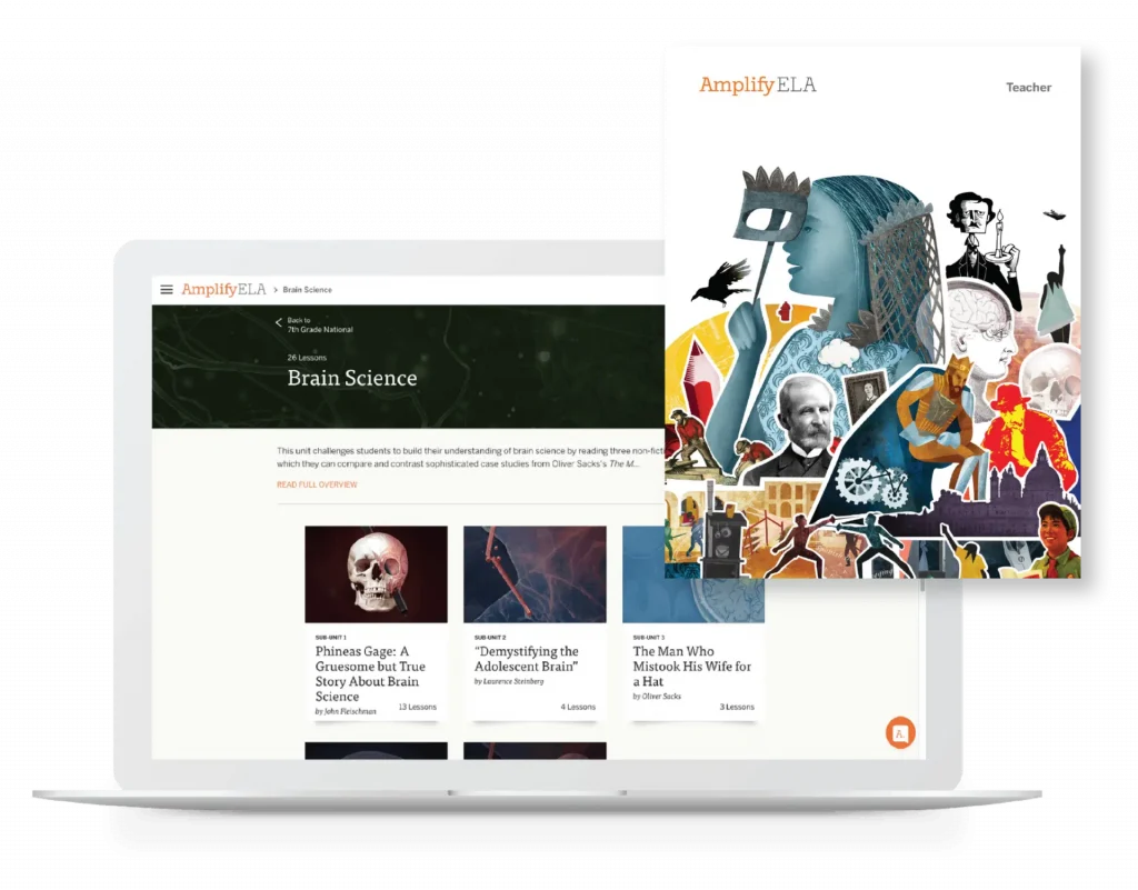 A laptop displaying a webpage from "amplify ela" featuring the title "brain science" and various educational topics alongside an illustrated collage of diverse human figures.