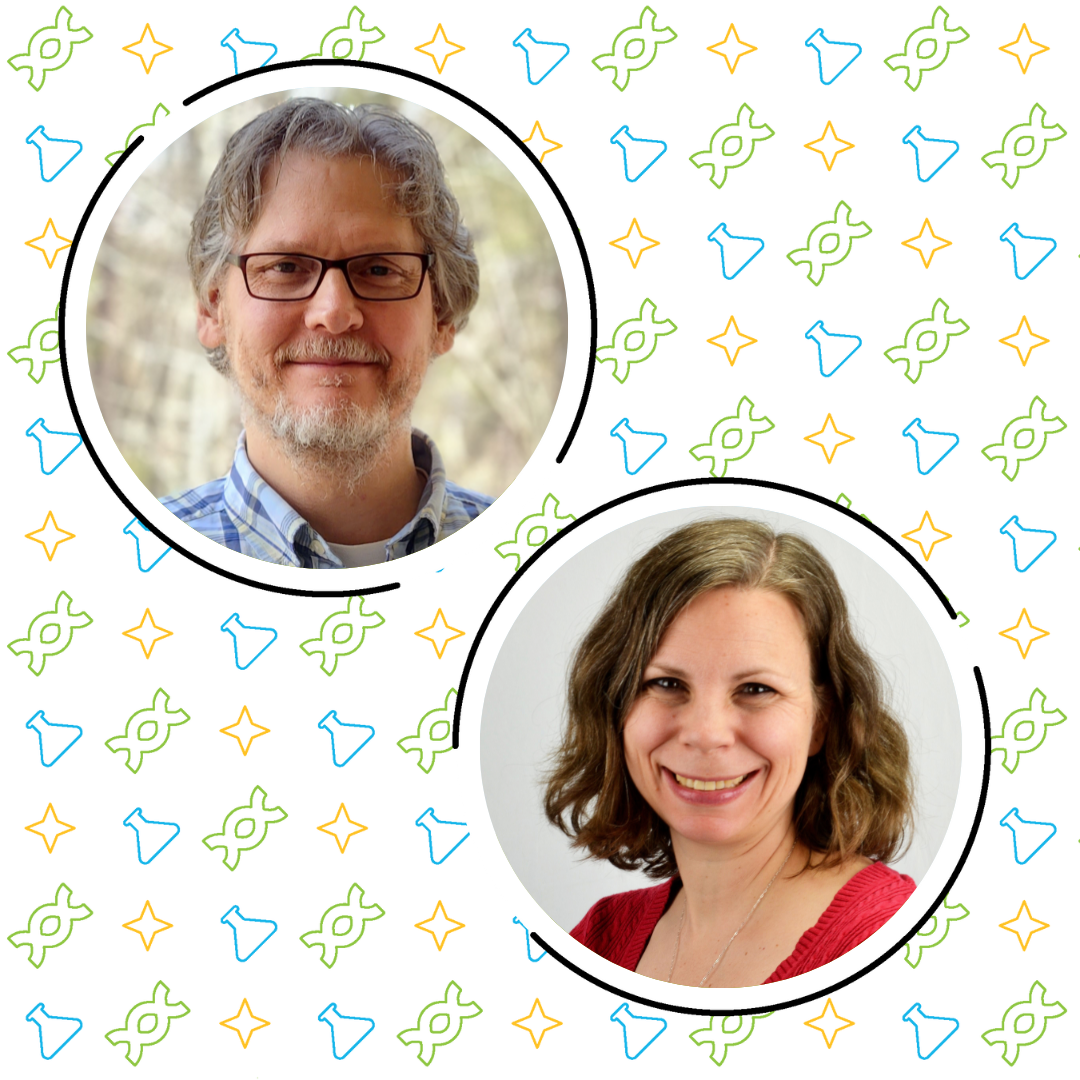 Split image of a smiling man with glasses and a woman with wavy hair, both framed in circles with a playful background of colourful science classroom symbols.