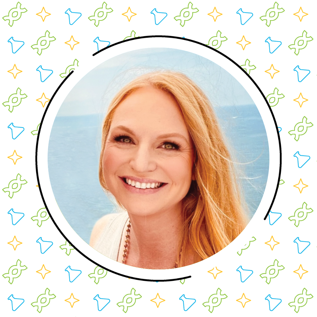 Portrait of a smiling woman with long blonde hair, framed within a circle against a seaside backdrop, surrounded by a pattern of colorful beach-themed icons in a science classroom setting.