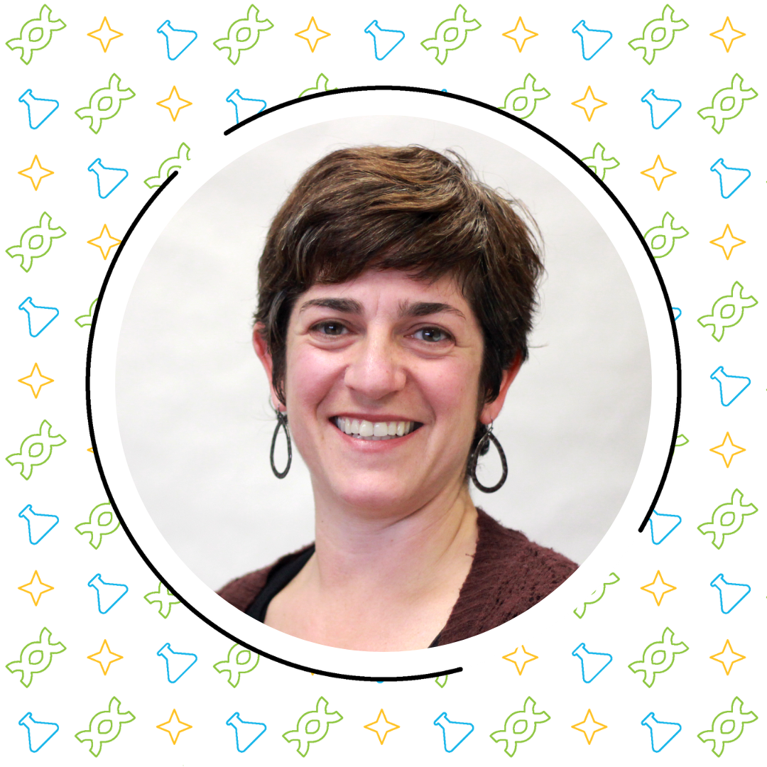 Portrait of a smiling SpaceX Engineer with short dark hair, wearing earrings and a brown top, framed by a circle with a playful star-patterned border.