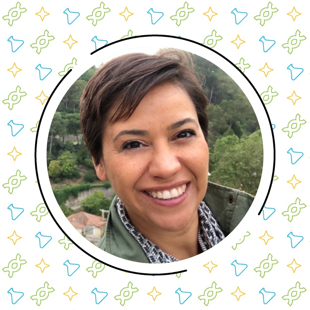 A smiling woman with short brown hair, wearing a jacket and patterned scarf, integrates science and literacy by reading a book on botany against a blurred natural background in a circular frame adorned with colorful symbols