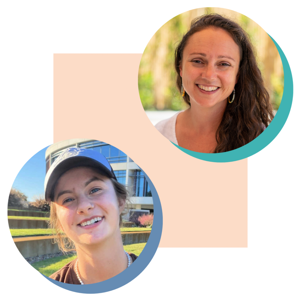 Two women smiling in individual portraits overlaid on a split pastel background, one indoors and one outdoors, each holding a sign that says "Dear Math.