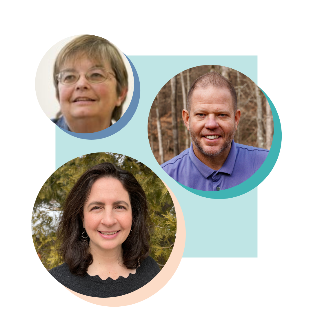 A collage of three headshots: an older woman with glasses, a man with a beard in a blue shirt, and a woman with dark hair smiling in front of greenery.