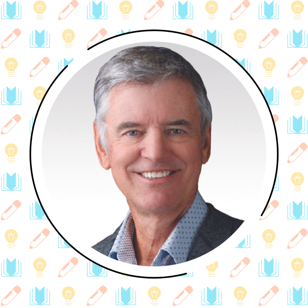 Portrait of a smiling elderly caucasian man with grey hair, wearing a dotted shirt, centered in a blue circle with a decorative background featuring books and pencils that symbolize the science of learning.