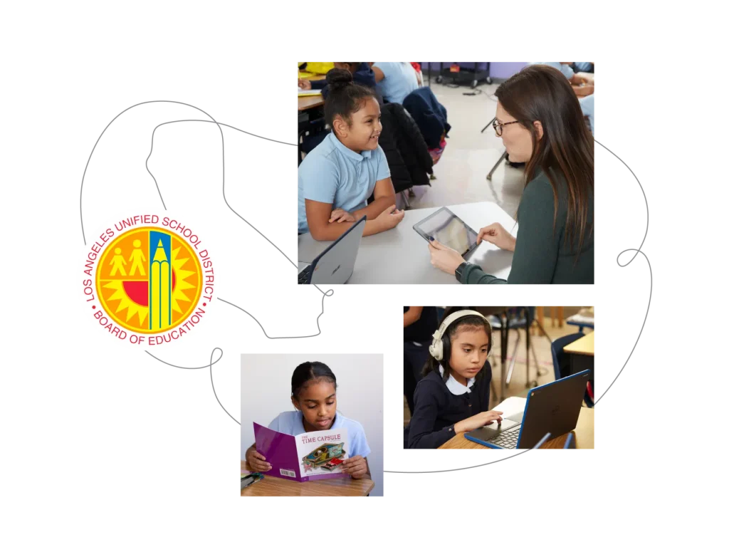 3 images of students learning, along with the LAUSD logo