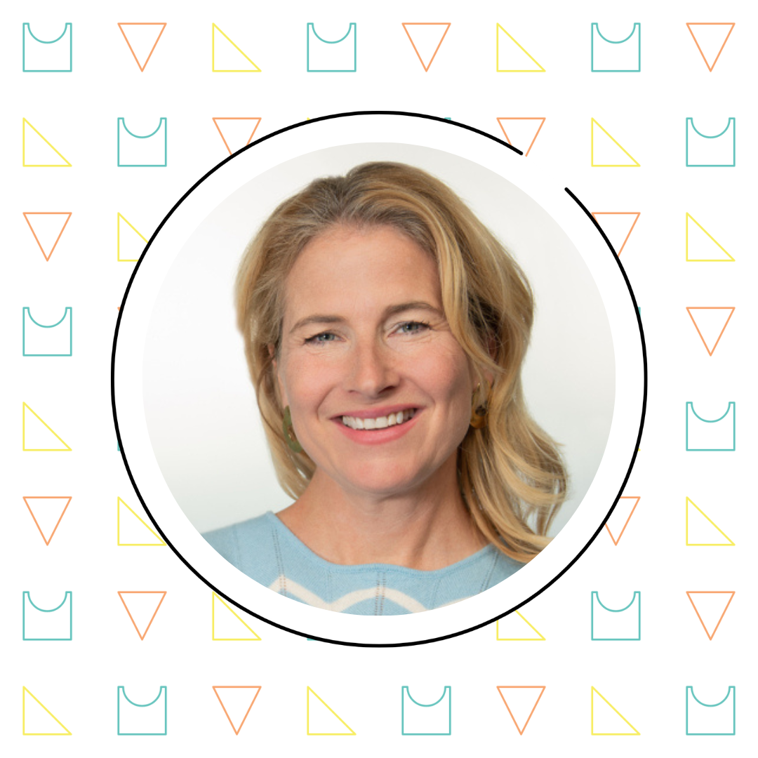 A middle-aged woman with blonde hair smiling, enclosed in a circular frame against a patterned background with triangle and math teacher shapes.