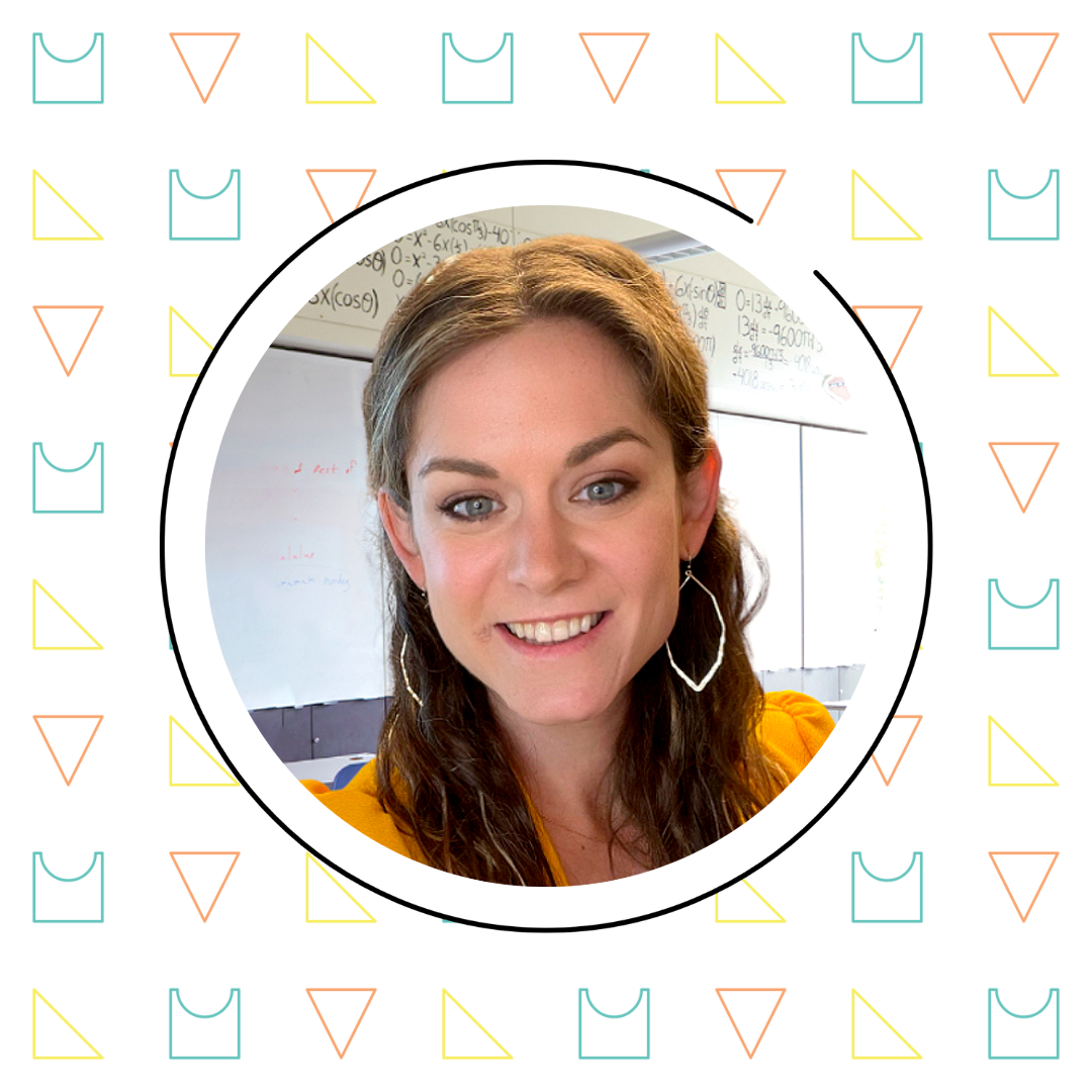 A math teacher with long hair and earrings smiles at the camera, framed by a circular border with colorful triangle and cat patterns, against a backdrop of a whiteboard.