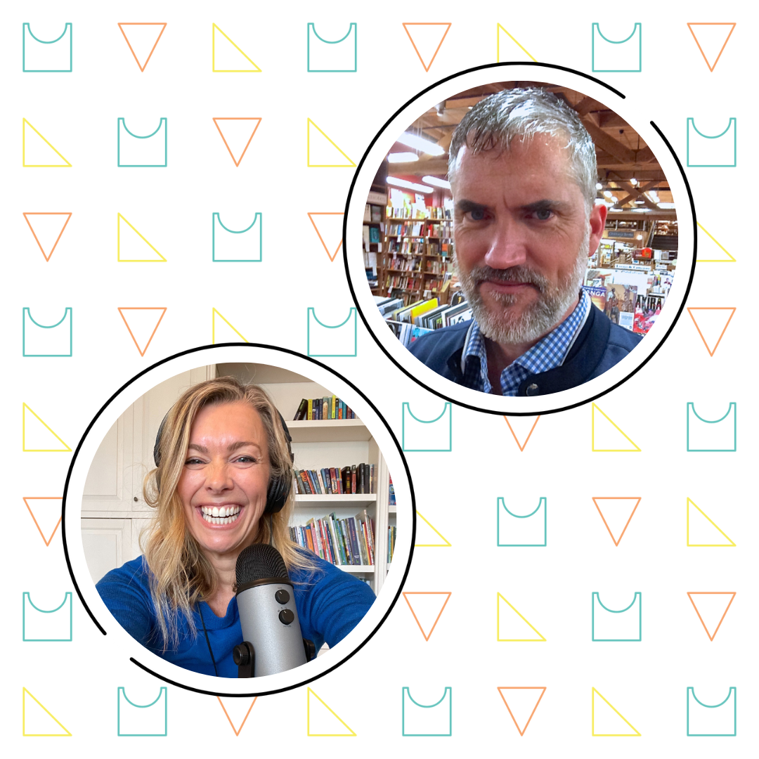 Two circular frames containing portrait photos; top circle shows a man with grey hair and beard in a store, bottom circle shows a smiling blonde woman with a microphone. Background with mathematizing children’s literature