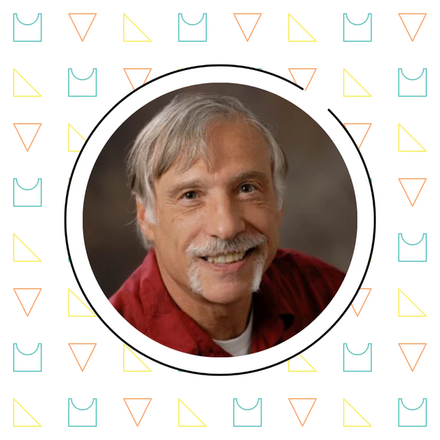 Portrait of a smiling elderly man with a mustache, wearing a red shirt, framed by a circle with a patterned background of triangles and math problem-solving skills.