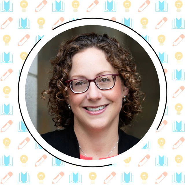 Woman with curly hair and glasses smiling in a circular frame, with a background of early literacy development and syringe icons.