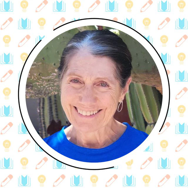 A portrait of an elderly woman smiling, wearing a blue t-shirt, framed within a circular border with a decorative pattern of tools and utensils on a light background, embodying the theme of vocabulary instruction