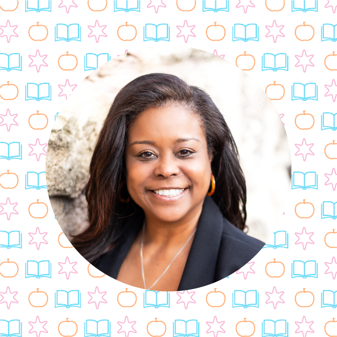 A woman with long dark hair smiles at the camera, wearing a dark blazer; the background features a pattern of books, apples, and stars, hinting at her role as host of a teaching podcast.