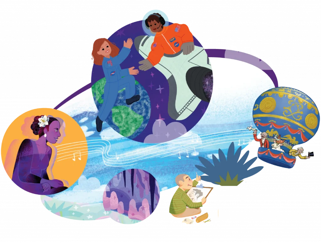 Illustration depicting diverse people engaged in various activities, including astronauts in space, a musician engaged in interdisciplinary research, and a child drawing, set against a whimsical celestial backdrop.