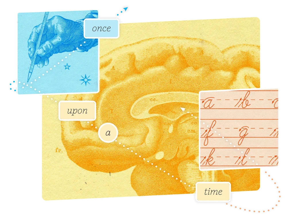 An illustration of a brain with superimposed images: handwriting, cursive letters, and the words "once upon a time" arranged in a sequence.