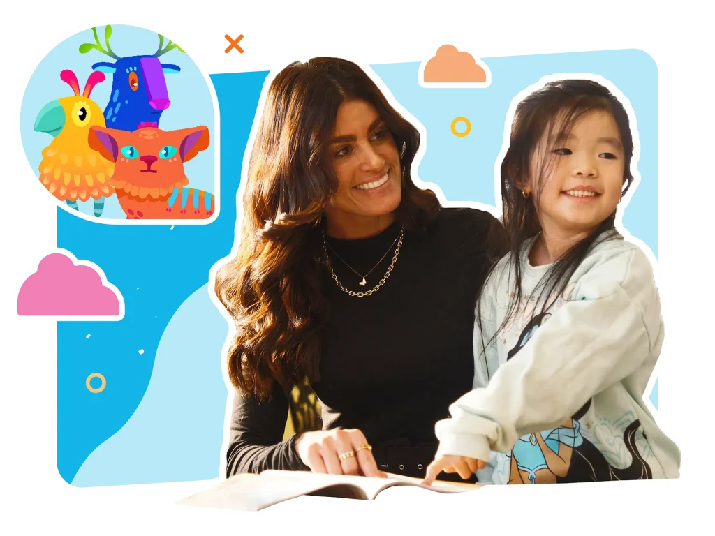 Woman and child smiling while reading a book, with colorful cartoon animals in the background.