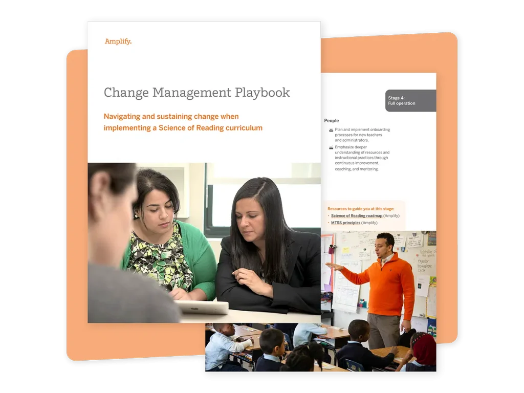 Cover of a "Change Management Playbook" guide, featuring two women reviewing a tablet and a teacher in an orange sweater instructing a classroom—highlighting K–5 literacy instruction and effective science of reading resources.