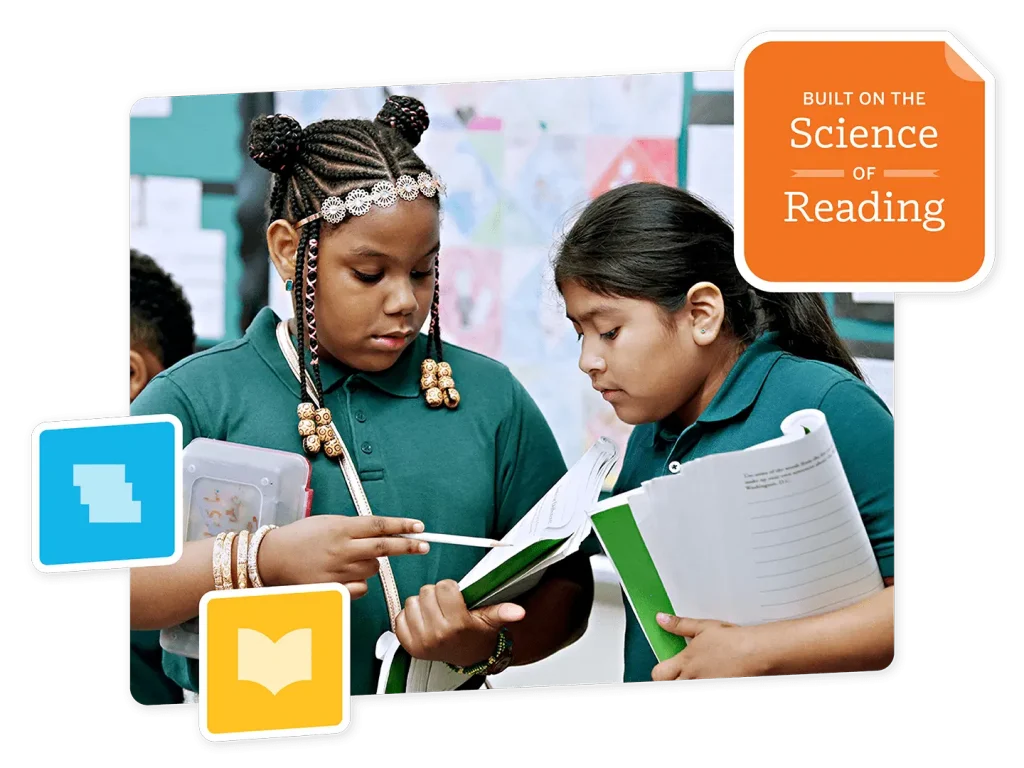 Two schoolgirls in green uniforms look at a notebook together in a classroom. Science of Reading and book icons are overlaid on the image.
