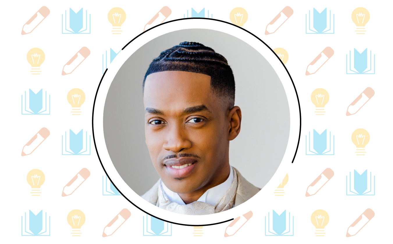 Portrait of a man in a light-colored suit, with a short braided hairstyle on top. The background blends books, light bulbs, and pencils—symbolizing literacy and the science of reading. A nod to Mitchell Brookins' commitment to education shines through the thoughtful composition.