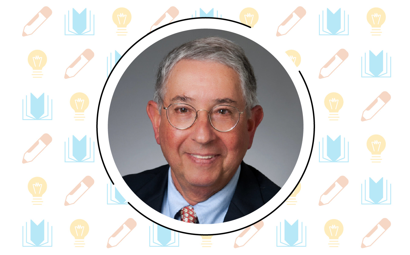 Elderly man with glasses and a suit smiling at the camera, set against a background featuring icons of light bulbs, books, and pencils, reminiscent of Chester Finn's dedication to the National Assessment of Educational Progress.